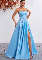 Women’s Elegant Strapless Slim Waist High Slit Blue Formal Party Evening Gown Women’s Elegant Strapless Slim Waist High Slit Blue Formal Party Evening Gown