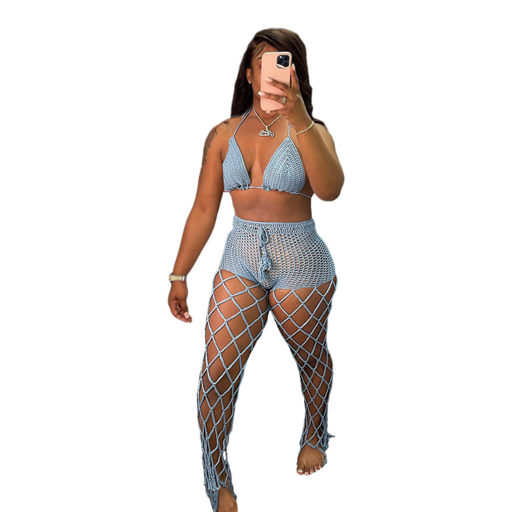 See-Through Hollow-Out Crochet Fishnet Pants Set for Beachwear