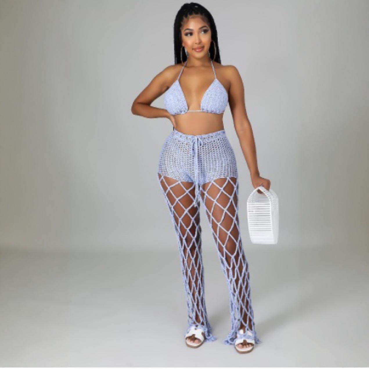 See-Through Hollow-Out Crochet Fishnet Pants Set for Beachwear