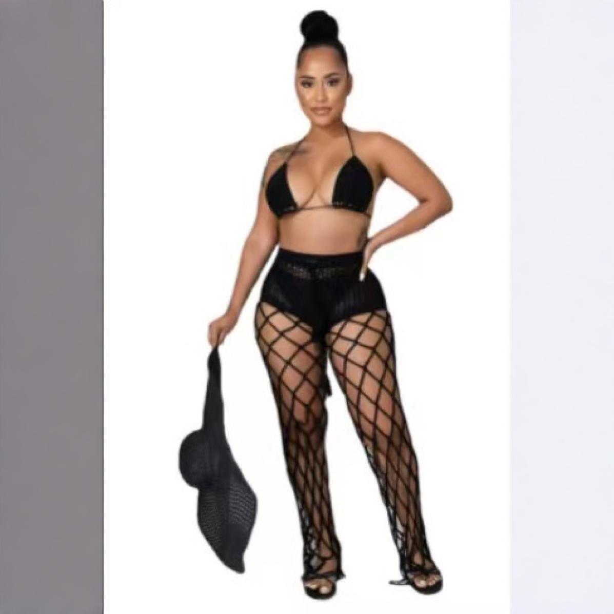 See-Through Hollow-Out Crochet Fishnet Pants Set for Beachwear
