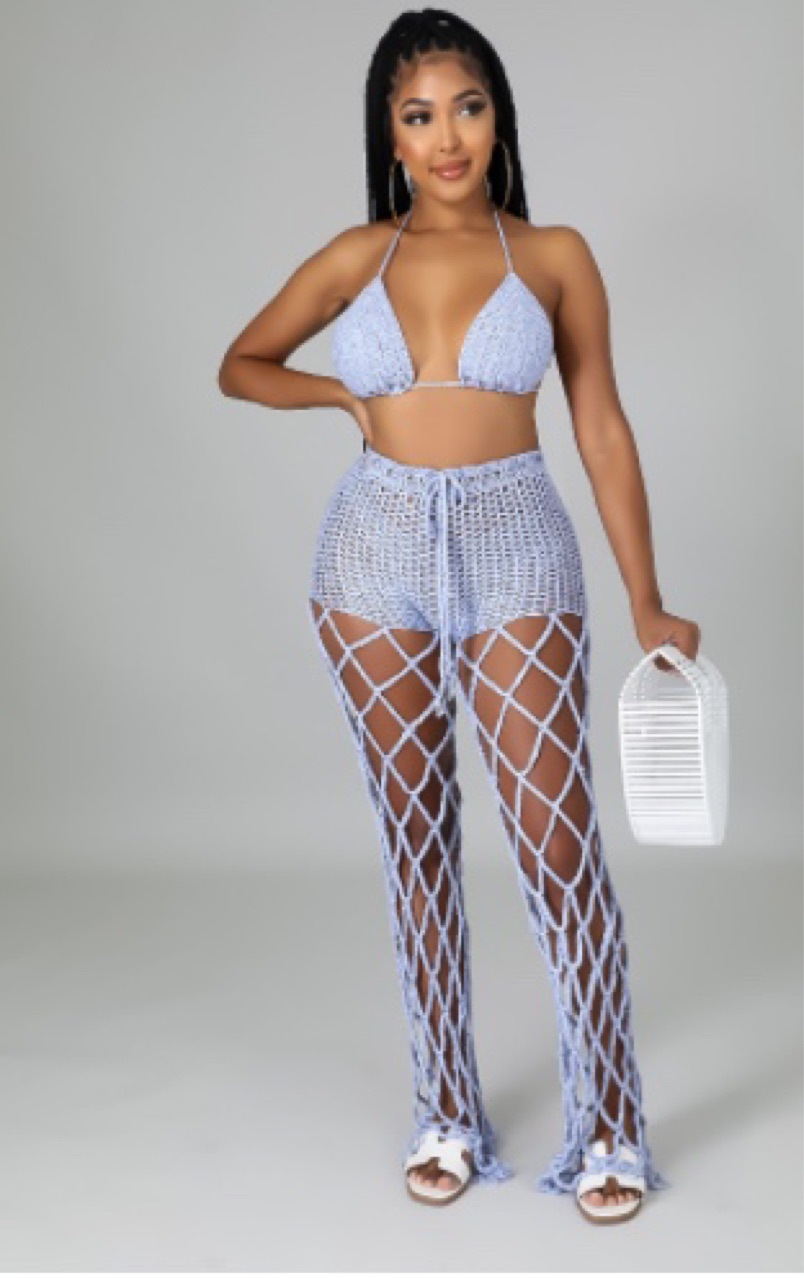 See-Through Hollow-Out Crochet Fishnet Pants Set for Beachwear