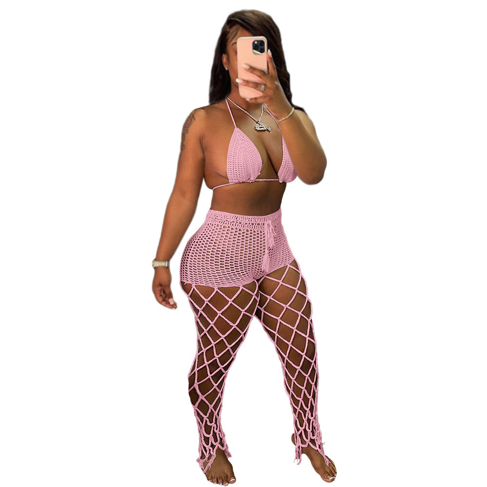 See-Through Hollow-Out Crochet Fishnet Pants Set for Beachwear