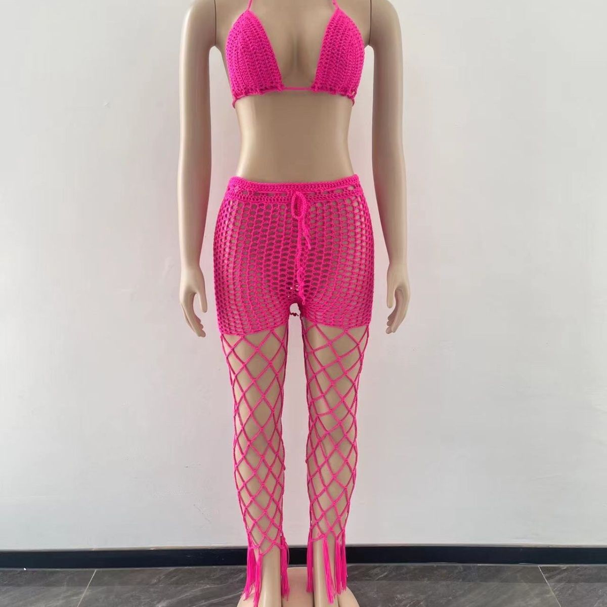See-Through Hollow-Out Crochet Fishnet Pants Set for Beachwear