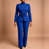 Women’s High Neck Floral Slim Waist Top Wide Leg Pants Chic Career Formal Party Two Piece Set