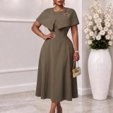 Plus Size Women’s Round Neck Slim Waist Cape Overlay A Line Midi Formal Dress