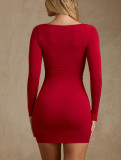 Women’s Red V Neck Long Sleeve Bodycon Mini Dress