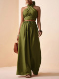 Holiday Women’s Casual Halter Neck Cross Front Low Back Crop Top Wide Leg Pants Two Piece Set