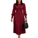 Women’s Plus Size Puff Sleeve Pleated High Waist Chic Career Midi Dress