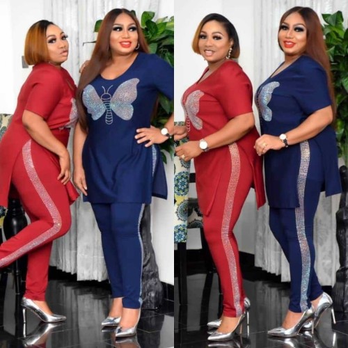 African Women’s Fashion Casual Gold Velvet Stretch Fabric Beaded Embellished Split Round Neck Set