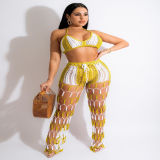 Women’s See Through Hollow Out Beach Crochet Color Block Fishnet Pants Two Piece Set