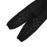 Women’s See Through Lace Patchwork Long Sleeve Top Slim Fit Jogger Pants Two Piece Set