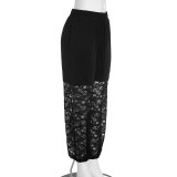 Women’s See Through Lace Patchwork Long Sleeve Top Slim Fit Jogger Pants Two Piece Set