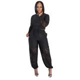 Women’s See Through Lace Patchwork Long Sleeve Top Slim Fit Jogger Pants Two Piece Set