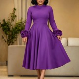 Plus Size Women’s Chic Elegant Mock Neck Long Sleeve Floral Sleeve A-line Midi Dress