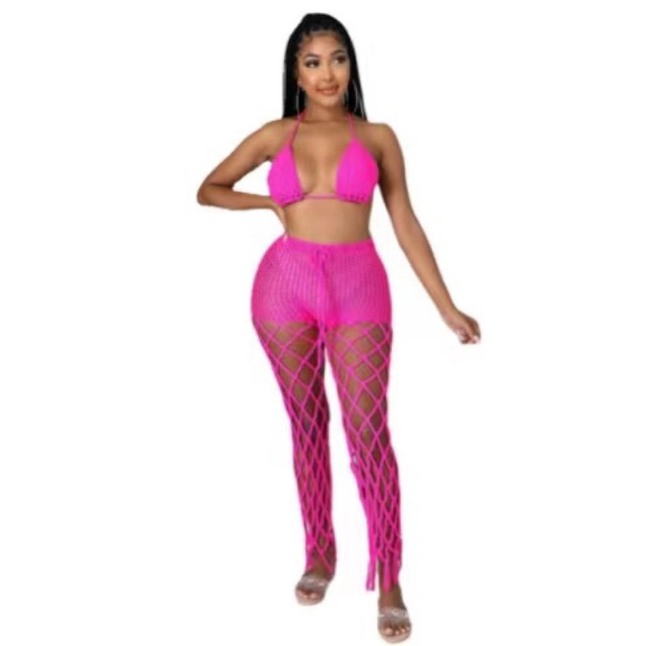 See-Through Hollow-Out Crochet Fishnet Pants Set for Beachwear