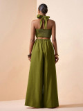 Holiday Women’s Casual Halter Neck Cross Front Low Back Crop Top Wide Leg Pants Two Piece Set