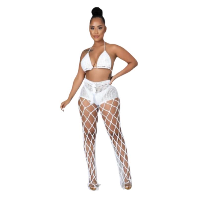 See-Through Hollow-Out Crochet Fishnet Pants Set for Beachwear