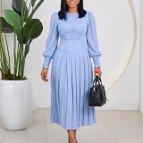 Women’s Plus Size Puff Sleeve Pleated High Waist Chic Career Midi Dress