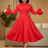 Plus Size Women’s Chic Elegant Mock Neck Long Sleeve Floral Sleeve A-line Midi Dress