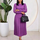 Women’s Plus Size Puff Sleeve Pleated High Waist Chic Career Midi Dress