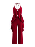 Women’s Holiday Casual Solid Color Halter Neck Irregular Top Slim Fit Wide Leg Pants Two Piece Set