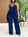 Women’s Holiday Casual Solid Color Halter Neck Irregular Top Slim Fit Wide Leg Pants Two Piece Set