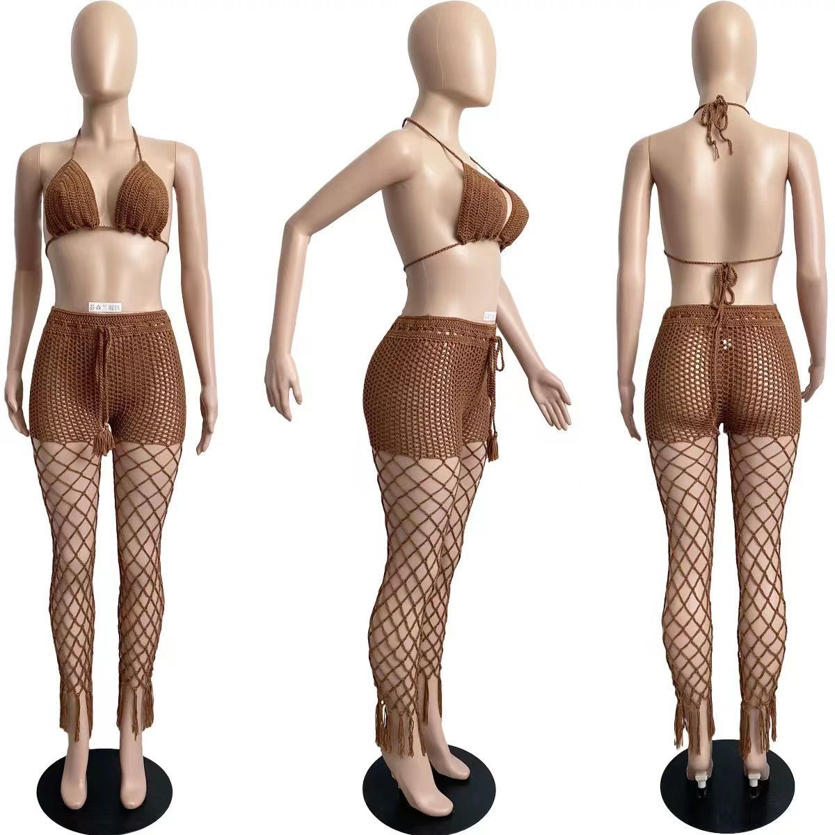See-Through Hollow-Out Crochet Fishnet Pants Set for Beachwear