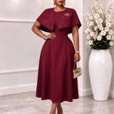 Plus Size Women’s Round Neck Slim Waist Cape Overlay A Line Midi Formal Dress