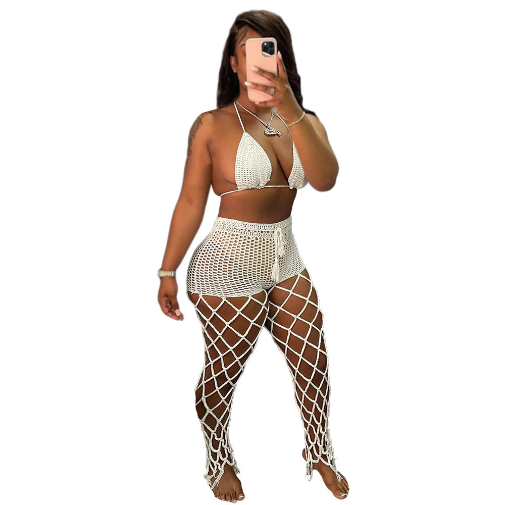 See-Through Hollow-Out Crochet Fishnet Pants Set for Beachwear
