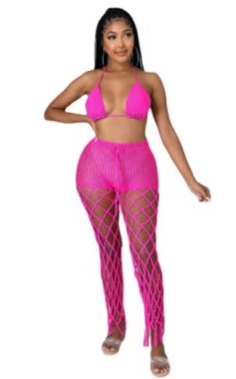 See-Through Hollow-Out Crochet Fishnet Pants Set for Beachwear