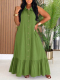 Women’s Holiday Summer Solid Color Turndown Collar Ruffle Hem Sleeveless Maxi Dress