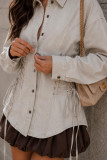 Women’s Fashion Casual Slim Waist Lace Up Denim Turndown Collar Long Sleeve Cropped Shirt