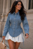 Women’s Fashion Casual Slim Waist Lace Up Denim Turndown Collar Long Sleeve Cropped Shirt