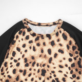 Autumn Women’s Sexy Round Neck Leopard Print Long Sleeve Slim Fit Shorts Set