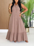 Women’s Holiday Summer Solid Color Turndown Collar Ruffle Hem Sleeveless Maxi Dress