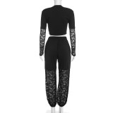 Women’s See Through Lace Patchwork Long Sleeve Top Slim Fit Jogger Pants Two Piece Set