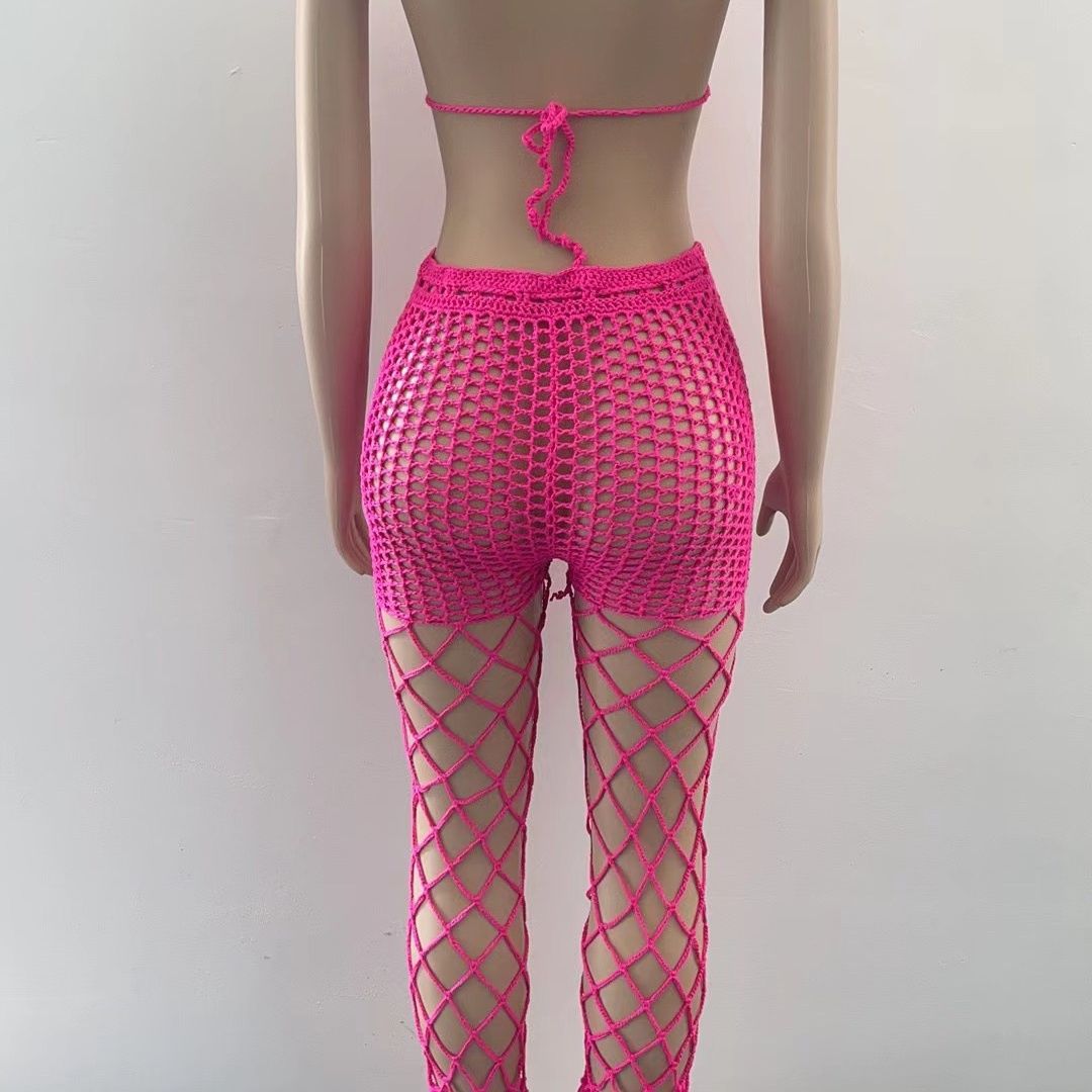 See-Through Hollow-Out Crochet Fishnet Pants Set for Beachwear
