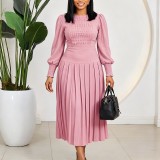 Women’s Plus Size Puff Sleeve Pleated High Waist Chic Career Midi Dress