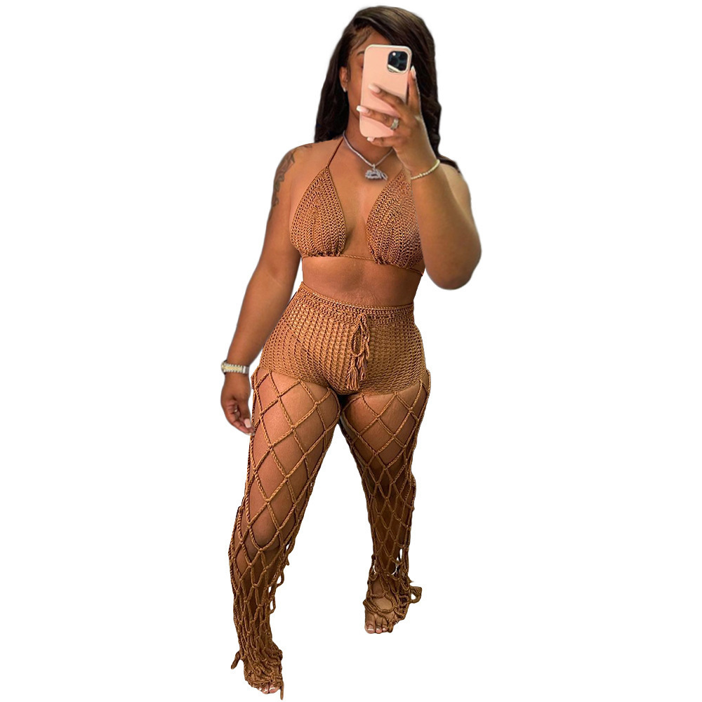 See-Through Hollow-Out Crochet Fishnet Pants Set for Beachwear