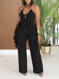 Women’s Holiday Casual Solid Color Halter Neck Irregular Top Slim Fit Wide Leg Pants Two Piece Set