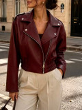 Women Turndown Collar Zipper Pu‑Leather Gathered Casual Pu‑Leather Jacket