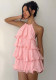 Women Holidays Pink Halter Neck Slip Cascading Ruffles Dress