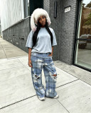 Women Plaid Ripped Patchwork Washed Denim Pants