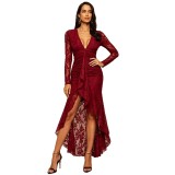 Women Lace Ruched Slit Mermaid Formal Party Dress