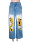 Women Ripped Color‑Block Denim Wide‑Leg Pants