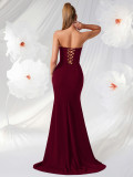 Women Black Strapless Beaded Formal Party Sexy Slit Ruched Mermaid Evening Dress