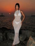 Women White Holidays Knit Beach Holidays Cover‑Up Grid Sexy Maxi Dress