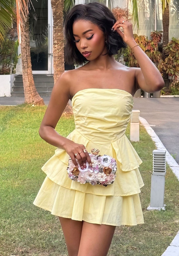 Women French Strapless Ruffled Tiered Sleeveless Dress
