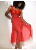 Women Floral‑Strap Mesh Lace See‑Through Slit Sexy Nightgown
