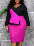 Plus Size Women Color‑Block V‑Neck OL Wear Ruffled Long Sleeve Bodycon Dress